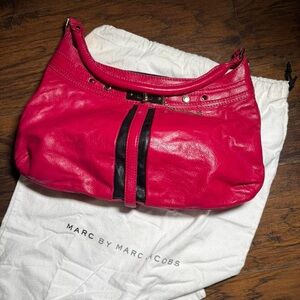 Marc by Marc Jacobs Hot Pink Leather Shoulder Bag with Black Stripes